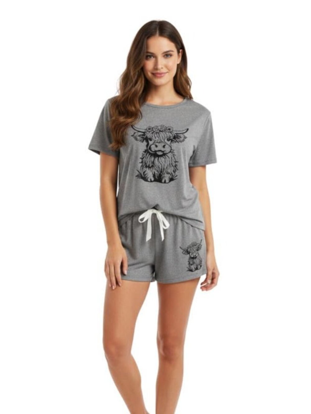 Women's 3-Piece Pajama Set Western Highland Cow Print Sleepwear with Pants Gray
